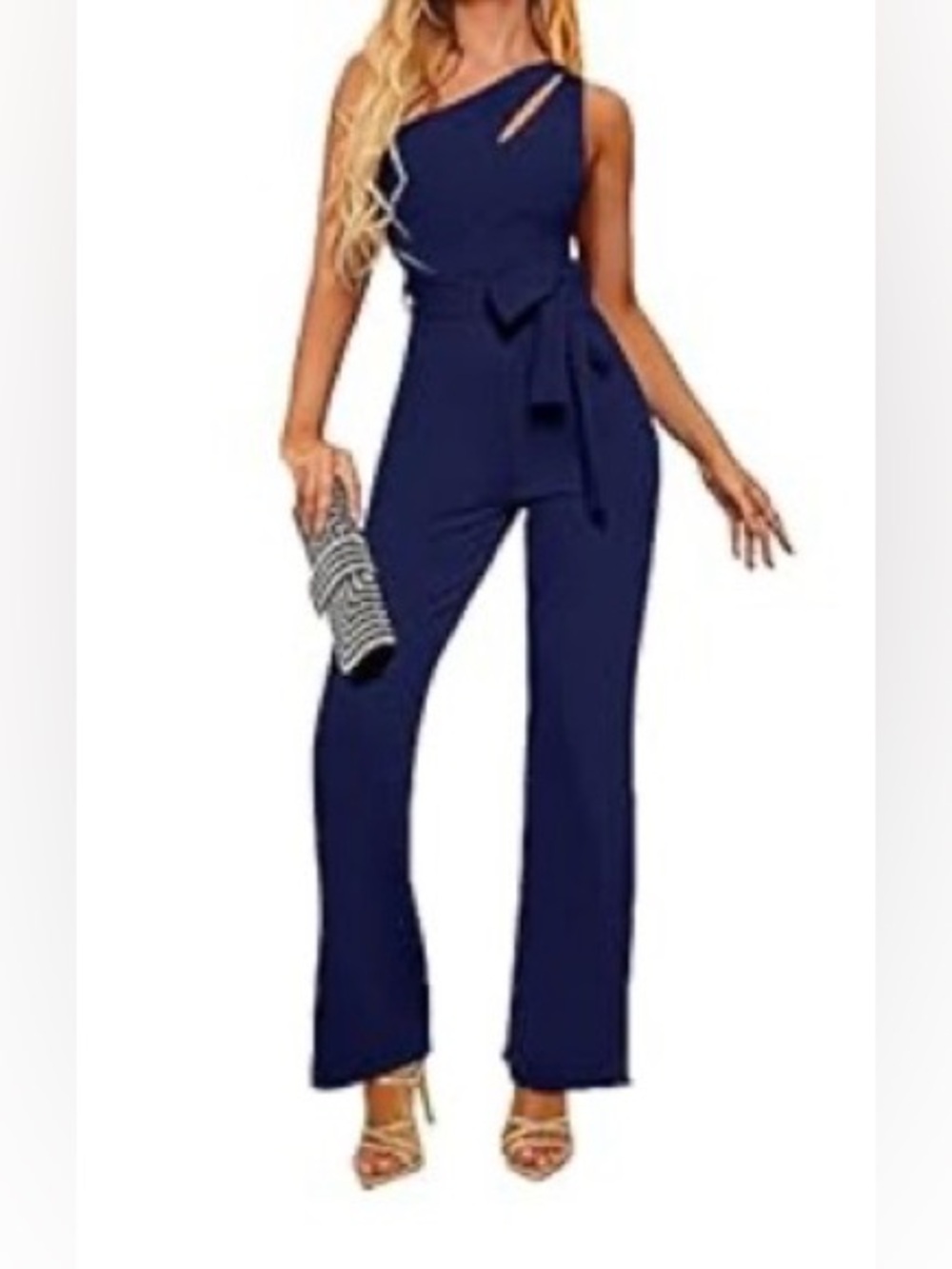 Women's Navy One-Shoulder Jumpsuit with Waist Tie